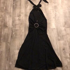 Black halter dress with rhinestone detail